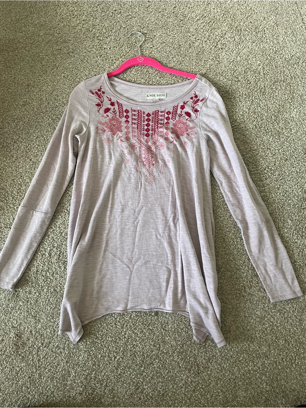 Knox Rose Pink Long Sleeve Top with Rose Embroidery